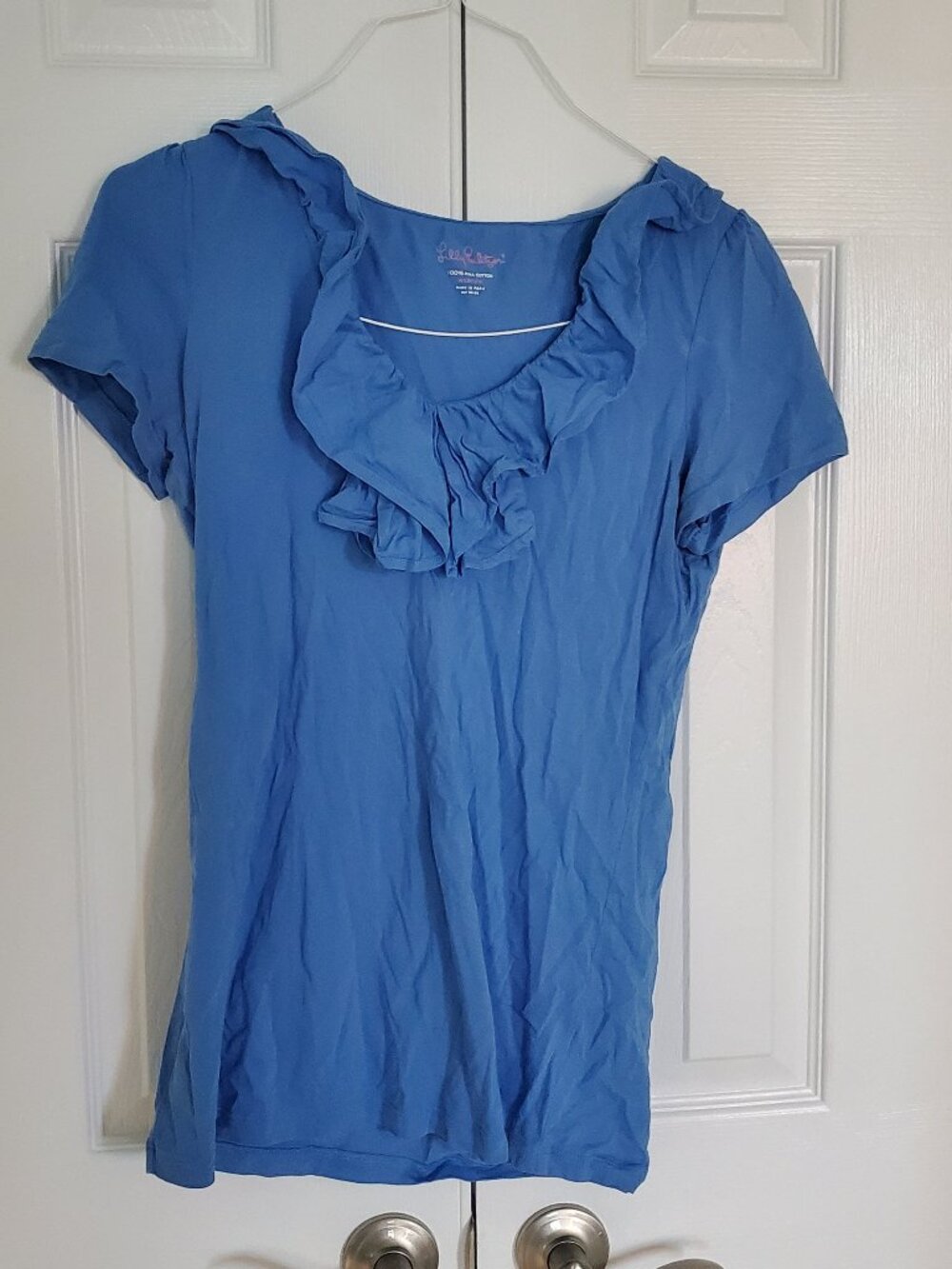 Lilly Pulitzer Blue Pima Cotton Ruffle Neck Short Sleeve Top Size M Medium 28029